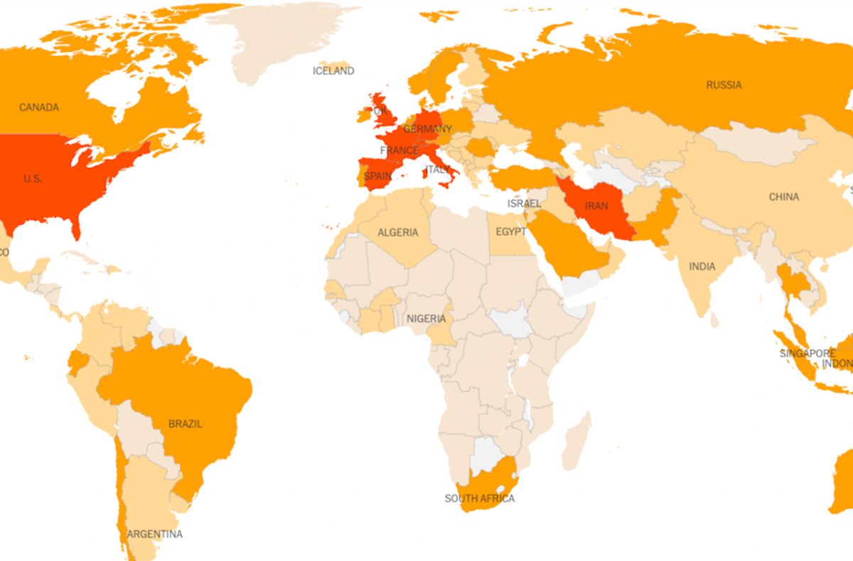 ▲3/29 全球疫情分佈。（圖／翻攝自 New York Times ）