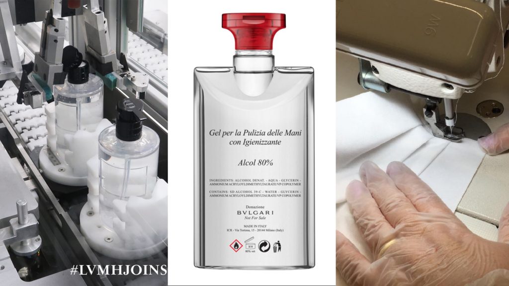 ▲面對新冠病毒疫情延燒，國際精品紛紛伸出援手，投入抗疫戰場。（圖／IG@LVMH、BVLGARI、PRADA）