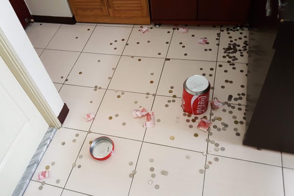 沒領錢買罐罐跟魚　媽回家發現存錢筒被摔爆：問貓全裝忙！