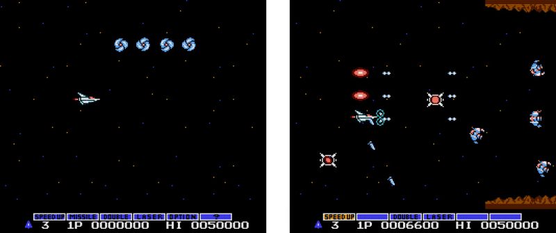 ▲最初是出現在紅白機的「宇宙巡航艦」中，只要在遊戲中暫停，接著輸入密技，即可獲得全武裝。