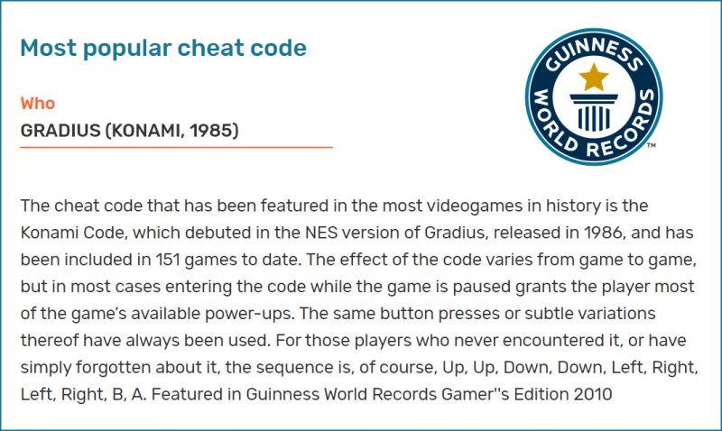 ▲獲得金氏世界紀錄認證，為全世界最廣為人知的遊戲密技，有近151個遊戲使用此密技。