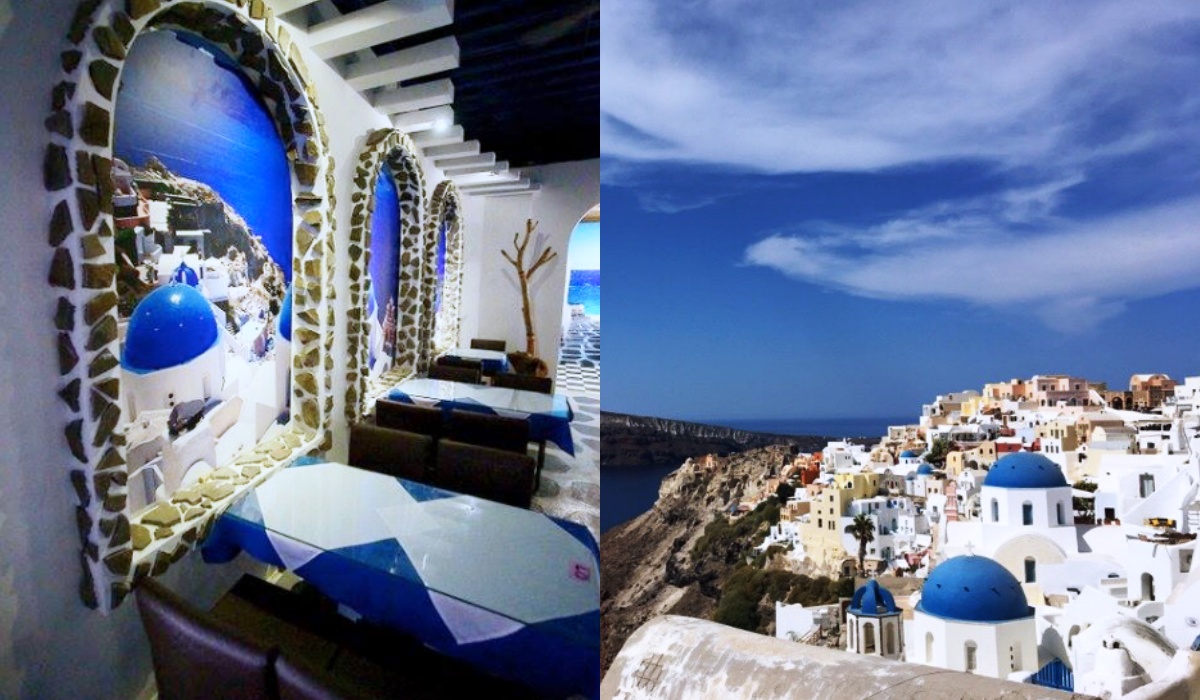 ▲桃園白圍牆地中海景觀咖啡(左)、希臘聖托里尼(右)。(圖/白圍牆地中海景觀咖啡FB、編輯Elaine攝)