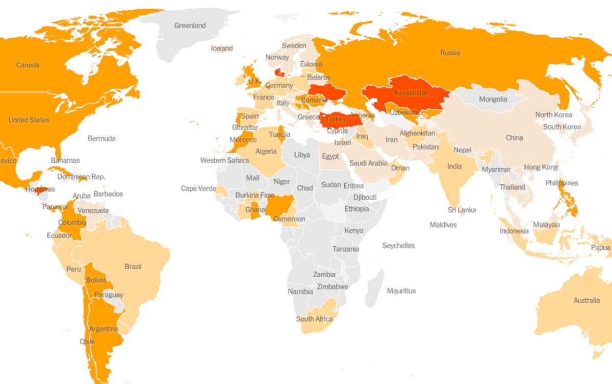 ▲ 4/2 全球疫情分佈地圖。（圖／翻攝自紐約時報／ Johns Hopkins University; National Health Commission of the People's Republic of China; World Health Organization ）