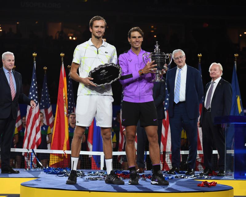 ▲2019年美網男單決賽頒獎典禮，「西班牙蠻牛」Rafael Nadal(右)奪冠。（圖／美聯社／達志影像）
