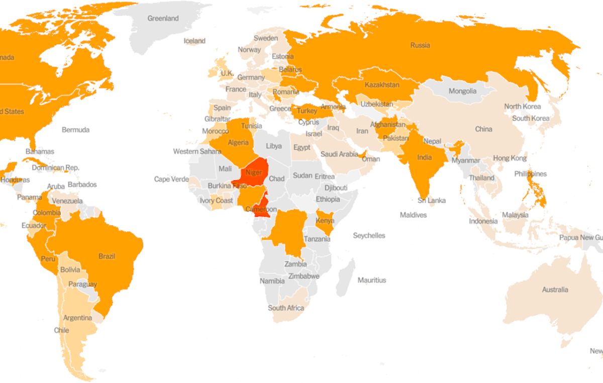 ▲4/5 全球疫情地圖。（圖／翻攝自紐約時報／Sources: Local governments; The Center for Systems Science and Engineering at Johns Hopkins University; National Health Commission of the People's Republic of China; World Health Organization. ）