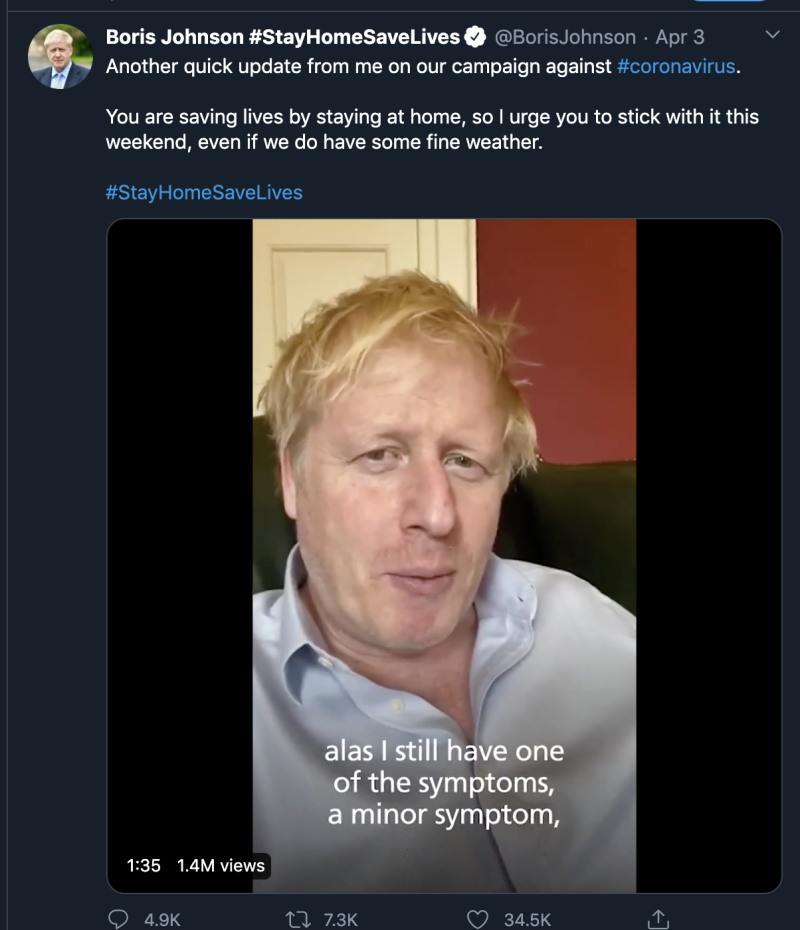 ▲芇國首相強森在4月3日的Twitter直播中,氣色明顯不佳。(圖/翻攝Boris