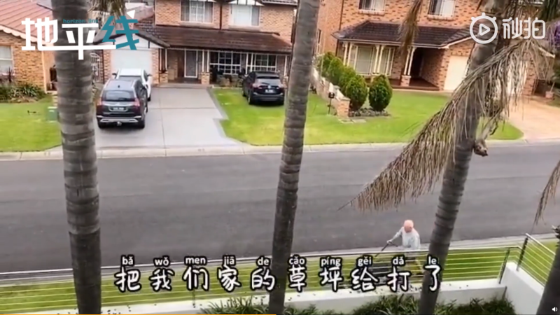 ▲白髮爺爺整個中午忙著割草,回報他們的口罩之恩。(圖/翻攝頭條新聞微博)