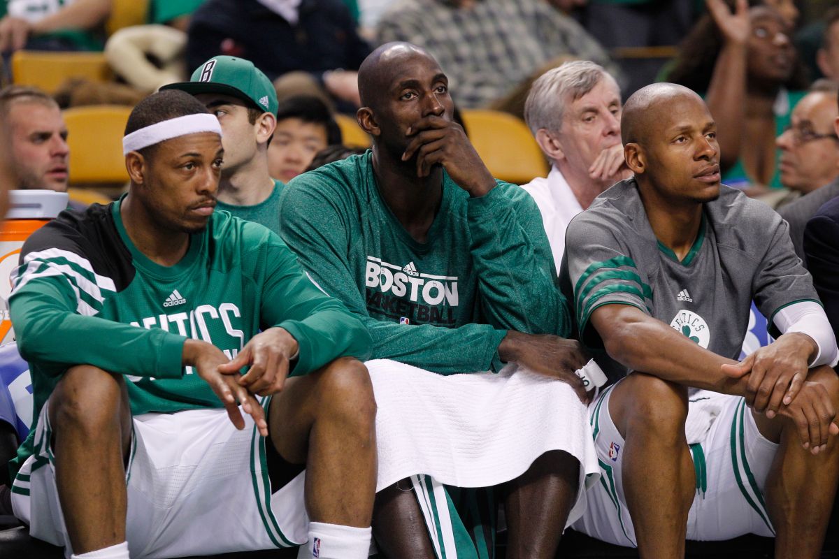 塞爾提克三巨頭Paul Pierce、 Kevin Garnett及Ray Allen。（圖／美聯社／達志影像）