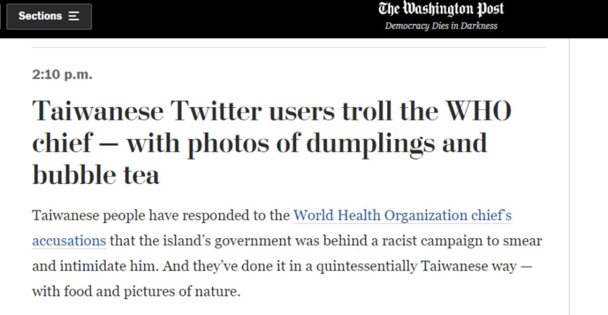 ▲台灣網友用美食和美景照片「幽默」反擊譚德塞一事登上知名外媒。（圖／翻攝自華盛頓郵報網站）