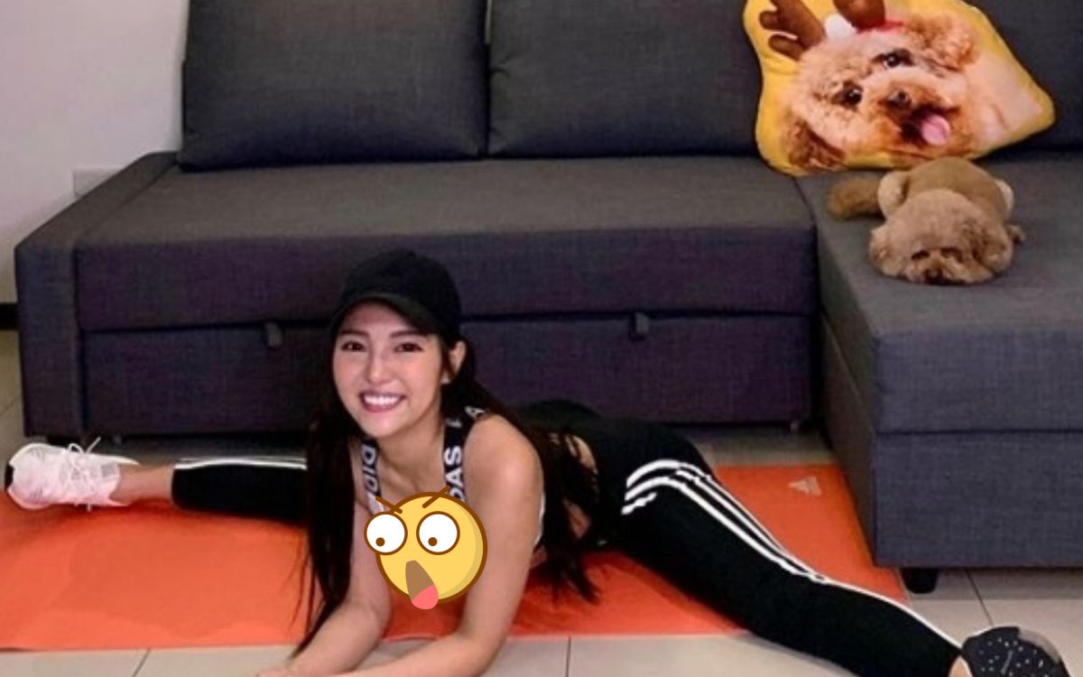 ▲何美雙腳張開呈現劈腿姿勢。（圖／翻攝何美IG） 