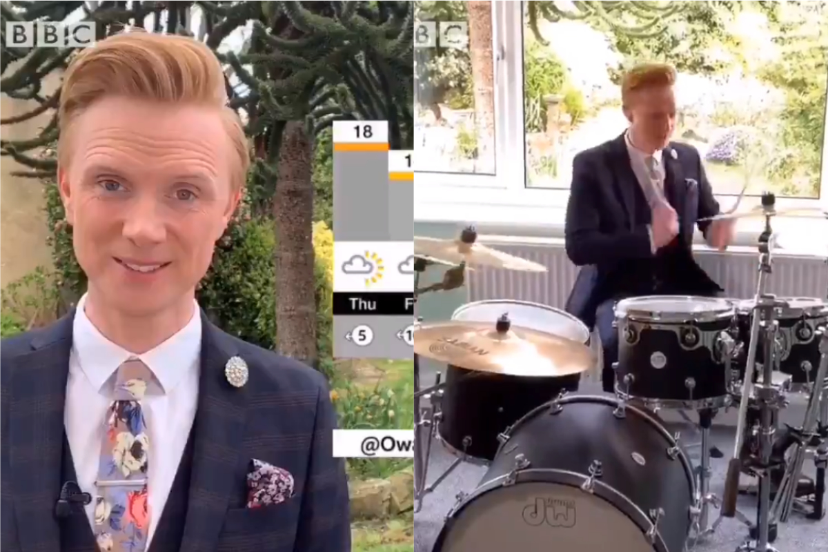 ▲BBC氣象主播伊凡斯在家播報，乾脆大秀爵士鼓才華。（合成圖／翻攝@OwainWynEvans推特）