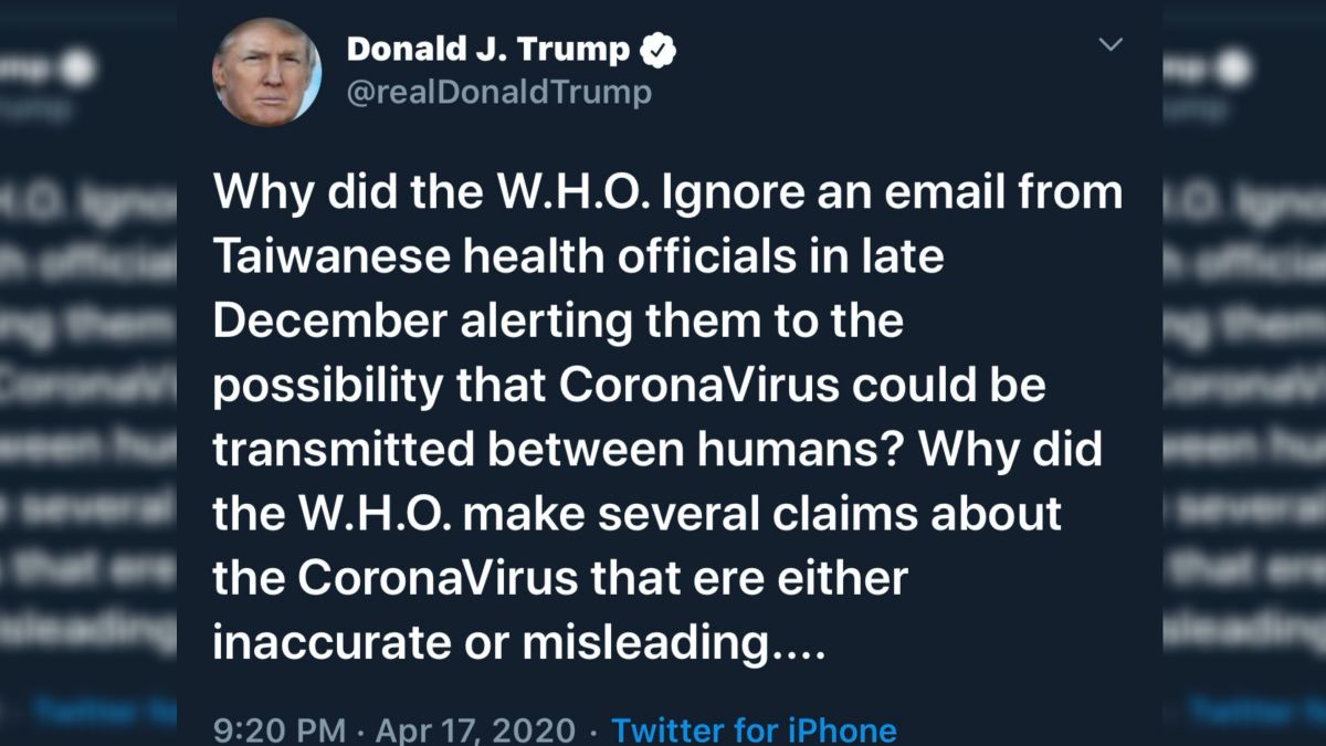 ▲美國總統川普在台灣時間17日晚間9時，在推特上PO文質疑WHO為何要在12月底，忽略台灣提醒的「新冠肺炎可能人傳人」的訊息。（圖／翻攝川普推特）