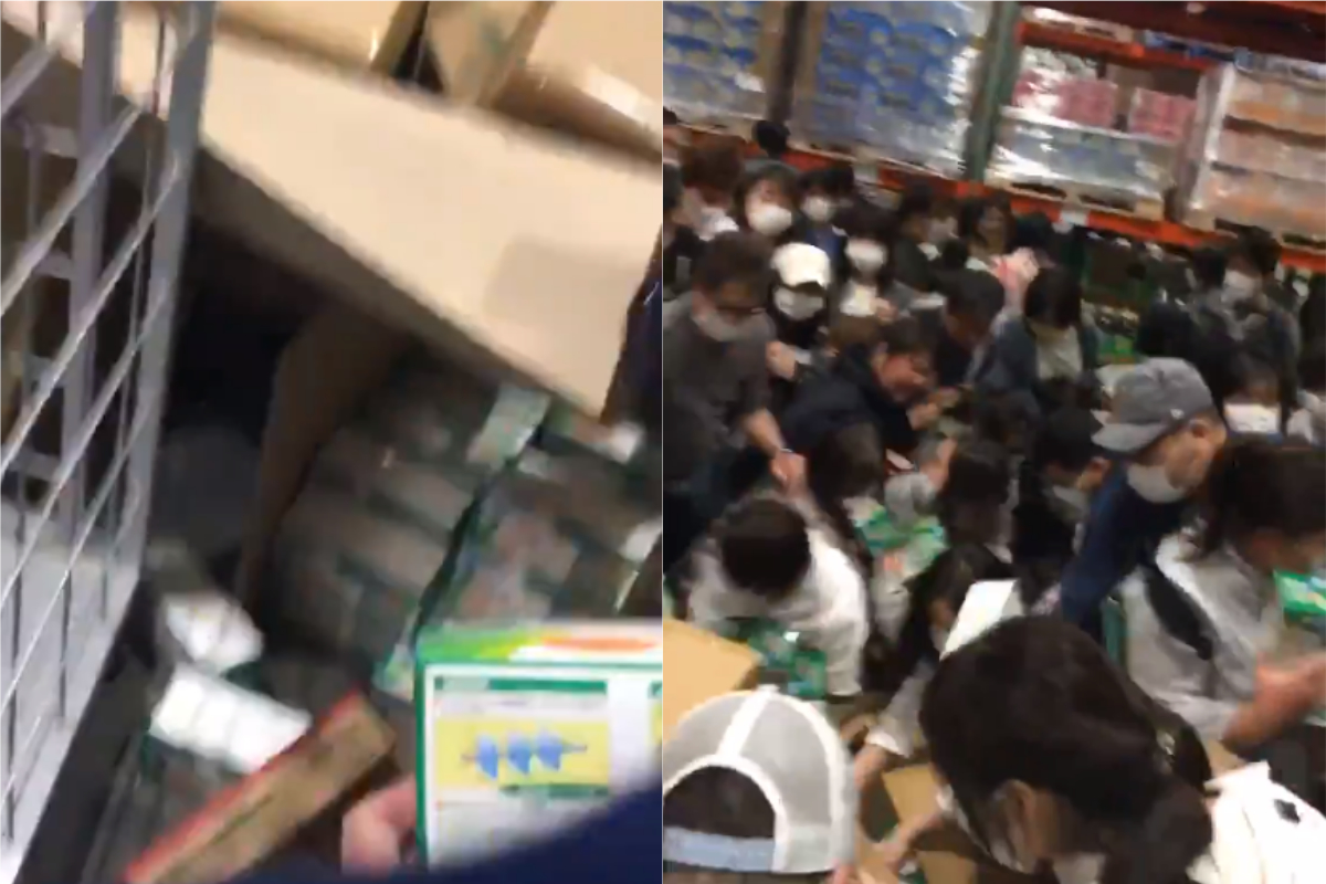 ▲日本人在美式賣場搶購剛開箱的口罩。（合成圖／翻攝@ronken04推特）