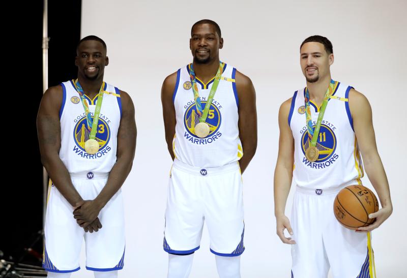 ▲Draymond Green（左起）、Kevin Durant、Klay Thompson。（圖／美聯社／達志影像）