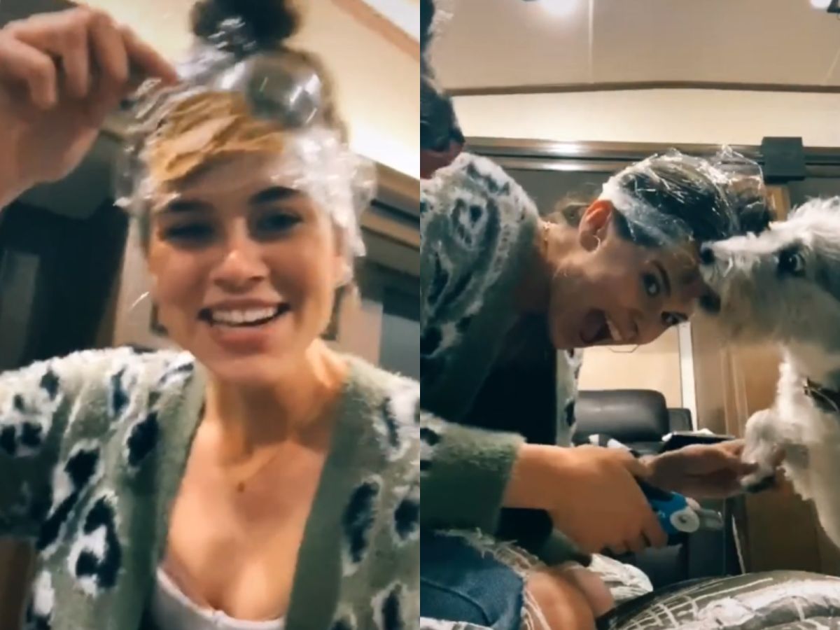 琳達絲先是在頭上抹滿花生醬，然後用吃的引開狗狗注意力，成功剪光所有指甲！（圖／IG@linds.shelton）