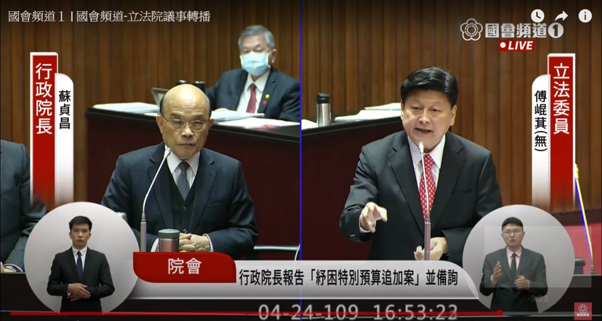 立委傅崐萁要蘇貞昌盯緊台灣的銀行，絕對不能碰產油國的石油債券。 (圖/翻攝立法院直播)