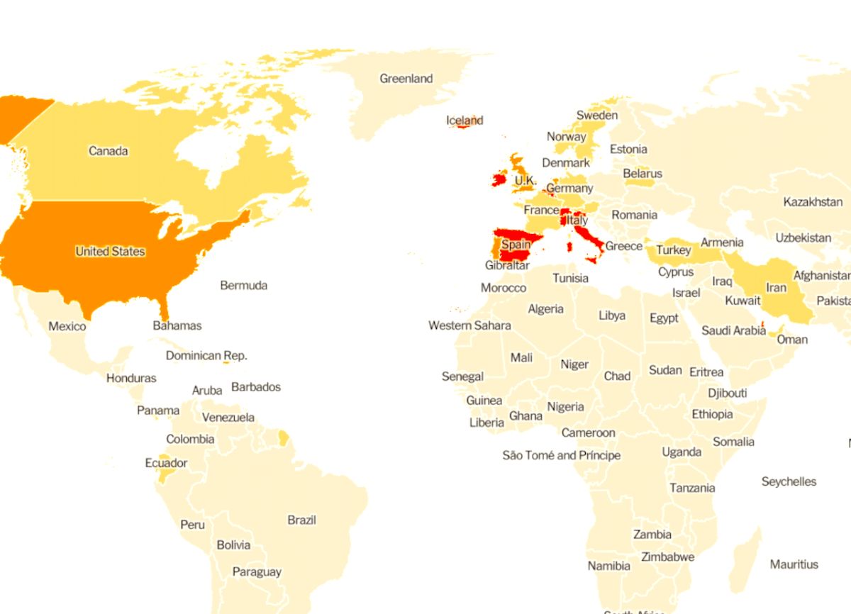 ▲人均死亡數分佈。（圖／翻攝自《紐約時報》／Local governments; The Center for Systems Science and Engineering at Johns Hopkins University; National Health Commission of the People's Republic of China; World Health Organization. ）