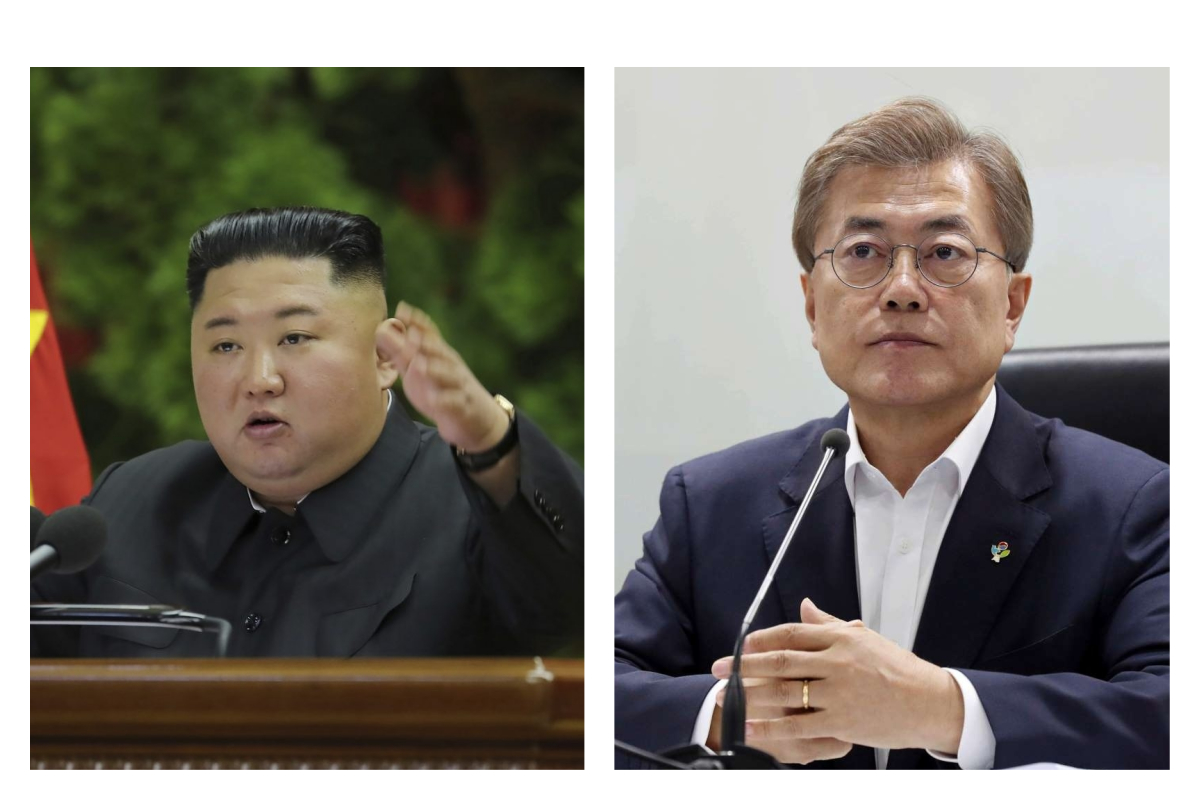 ▲3名南韓政府消息人士表示，南、北韓正在就重開平壤去年炸毀、位於開城工業區的兩韓聯絡辦公室，以及舉行峰會恢復雙邊關係等議題進行談判。圖為金正恩（左）與文在寅（右）。（圖／達志影像／美聯社）