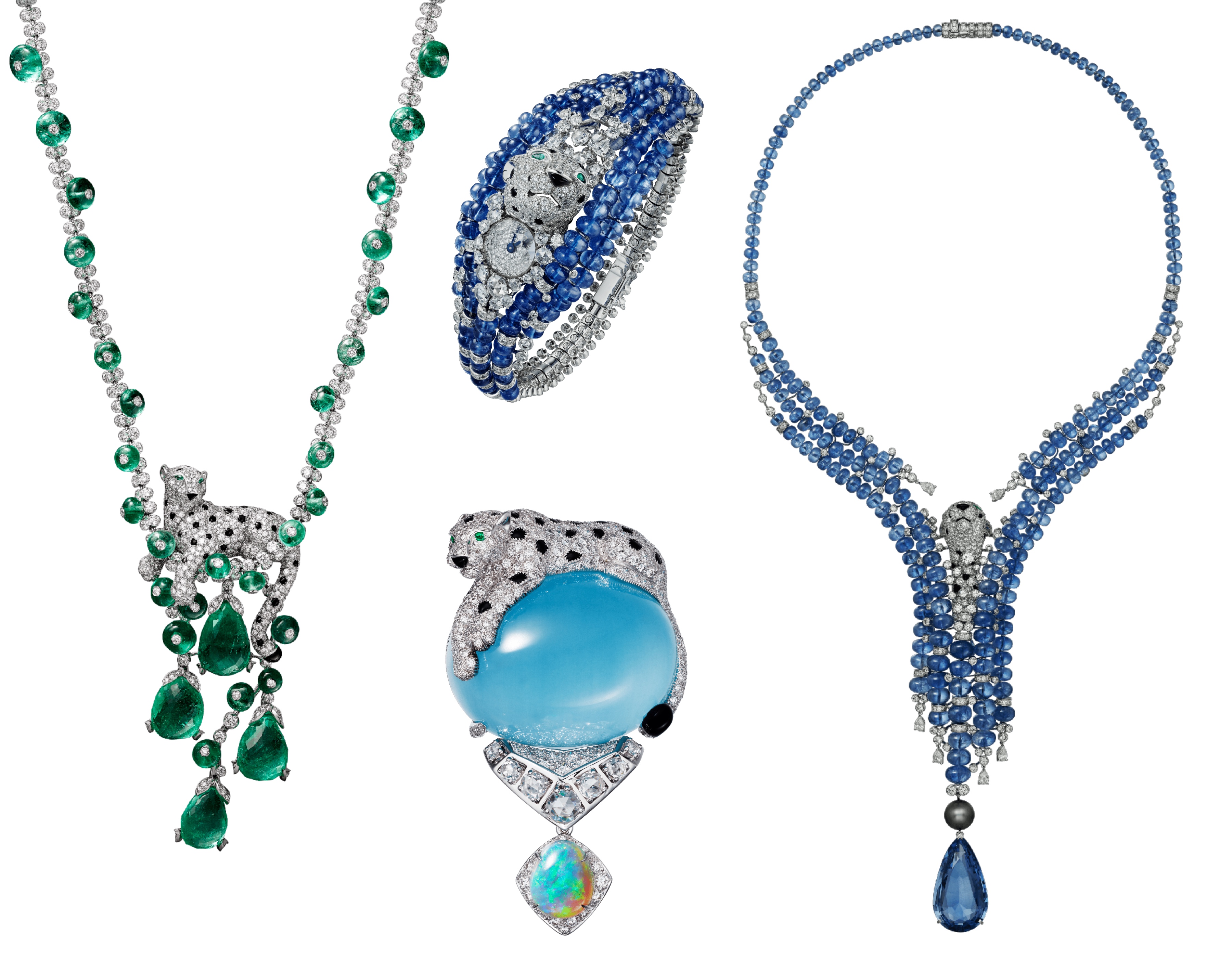 ▲頂級珠寶系列由左至右：美洲豹祖母綠項鍊、美洲豹海水藍寶胸針、L’Aventureuse美洲豹藍寶石頂級珠寶腕錶與項鍊。（圖／Cartier）