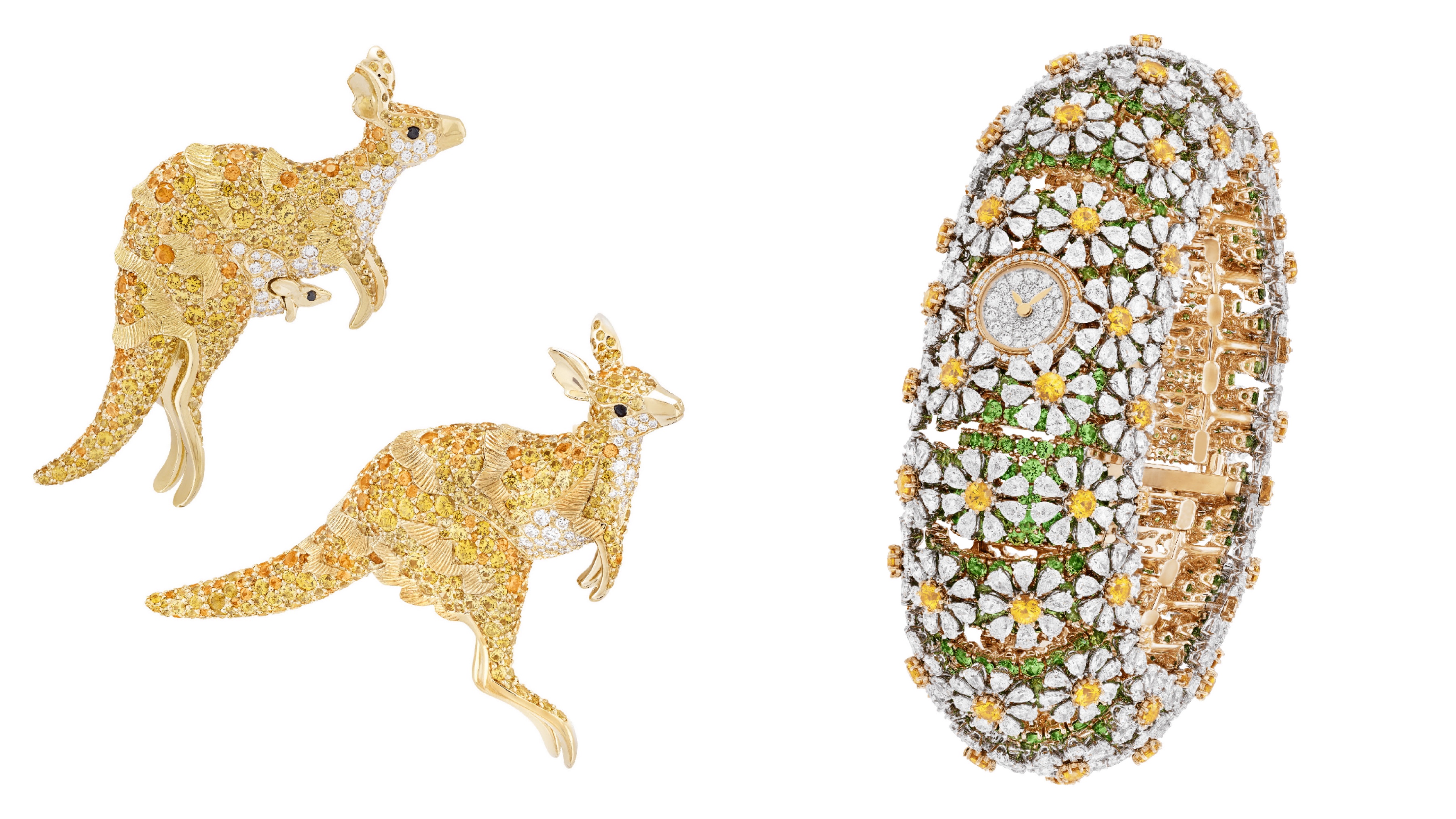 ▲左：Kangourous 胸針，黃 K 金、黃色藍寶石、錳鋁榴石、黑色尖晶石、鑽石。右：Pâquerette 腕錶，黃 K 金、白 K 金、黃色藍寶石、沙弗萊石、鑽石。（圖／Van Cleef & Arpels）