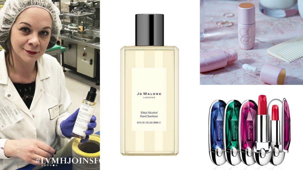 ▲美妝夯物大洗牌，防疫用品成主流。（圖／雅詩蘭黛、嬌蘭、翻攝自IG@lvmh、jomalonelondon）