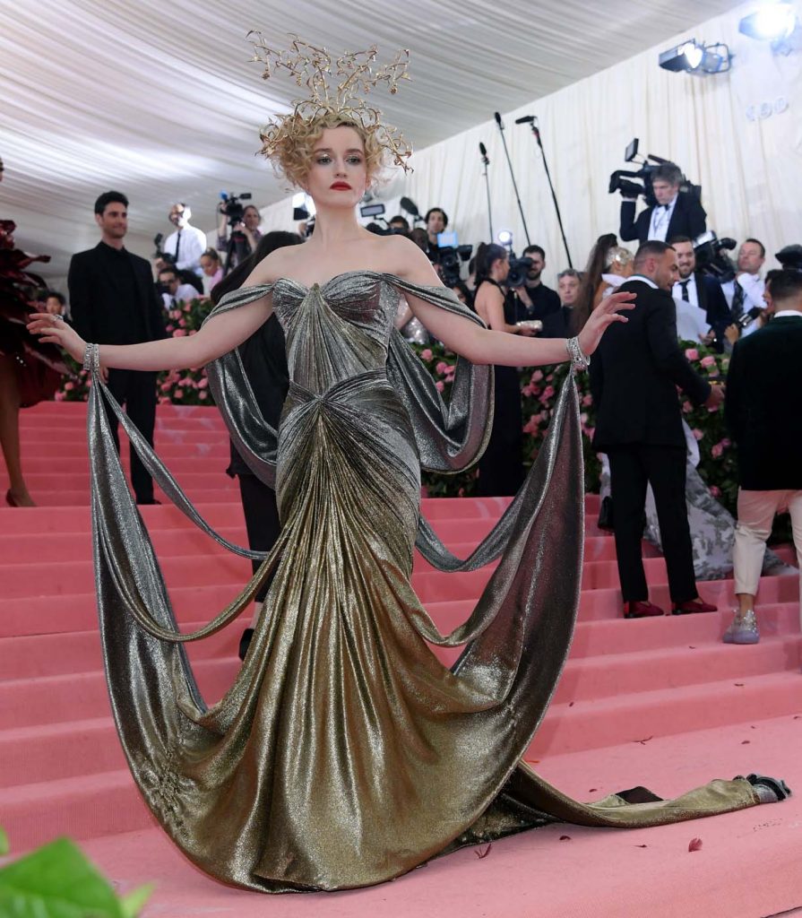 Mandatory Credit: Photo by David Fisher/REX/Shutterstock (10229901bh)<br>Julia Garner<br>Costume Institute Benefit celebrating the opening of Camp: Notes on Fashion, Arrivals, The Metropolitan Museum of Art, New York, USA – 06 May 2019<br>Wearing Zac Posen