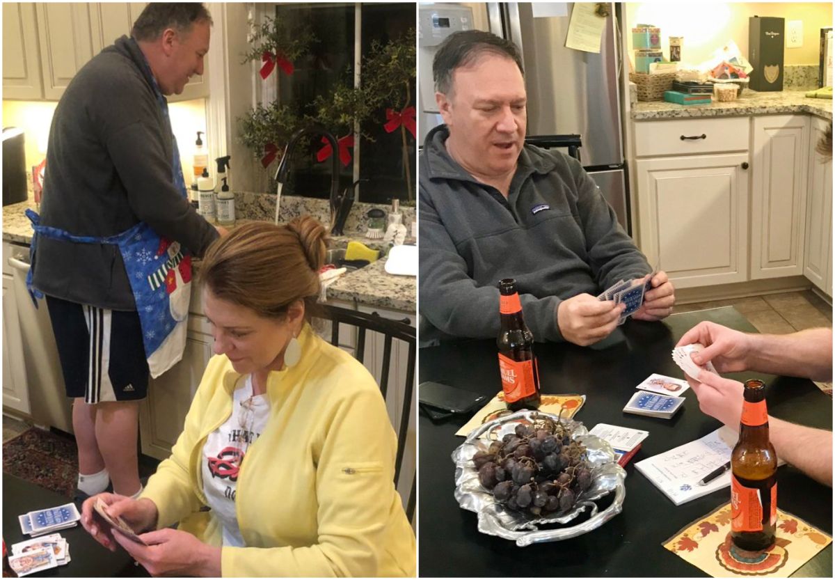 ▲蓬佩奧聖誕節在家中洗碗、打牌的照片。（圖／翻攝自推特）