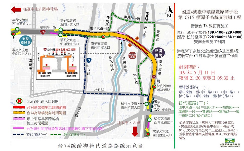 ▲臺74線松竹-潭子段預5/11施工封閉8小時 