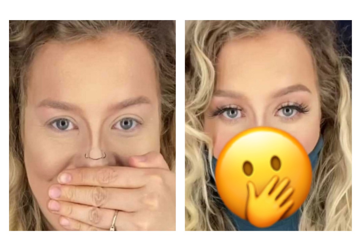 ▲戴口罩也能化妝？網美曝「究極小臉妝」。（圖／翻攝自影片）