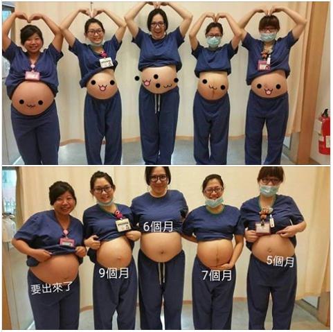 ▲護理師林婷在臉書分享去年懷孕同仁一字排開的照片。（圖／翻攝林婷一下吧