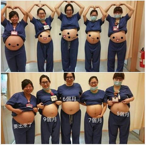 ▲護理師林婷在臉書分享去年懷孕同仁一字排開的照片。(圖/翻攝林婷一下吧