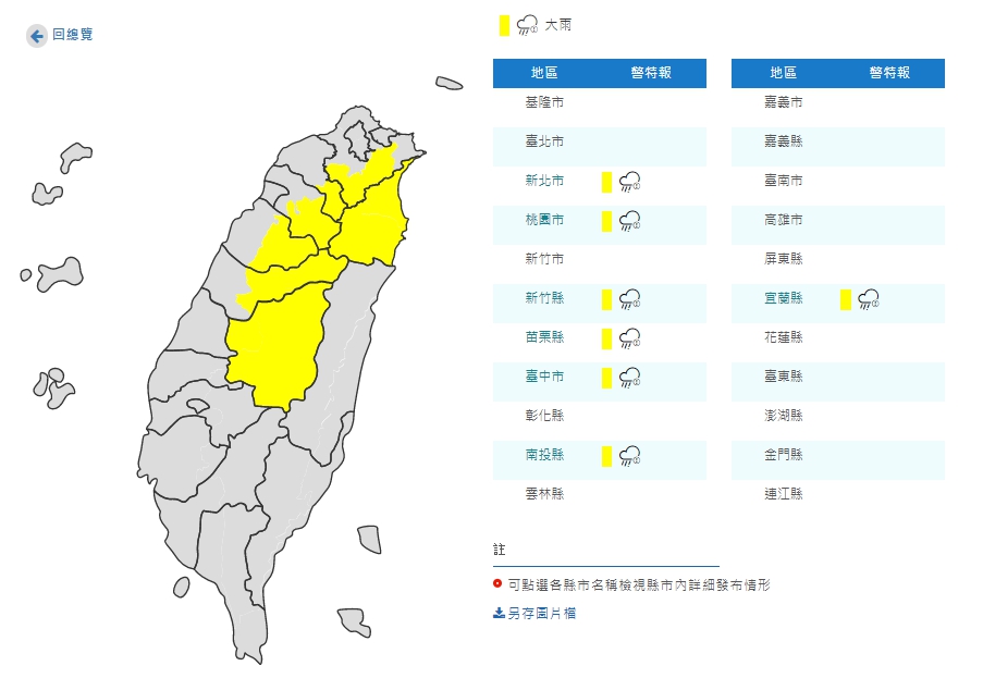 ▲受對流雲系發展旺盛影響，中央氣象局今（10）日傍晚發布南投、宜蘭及台中等7縣市的大雨特報。（圖／翻攝自氣象局官網）