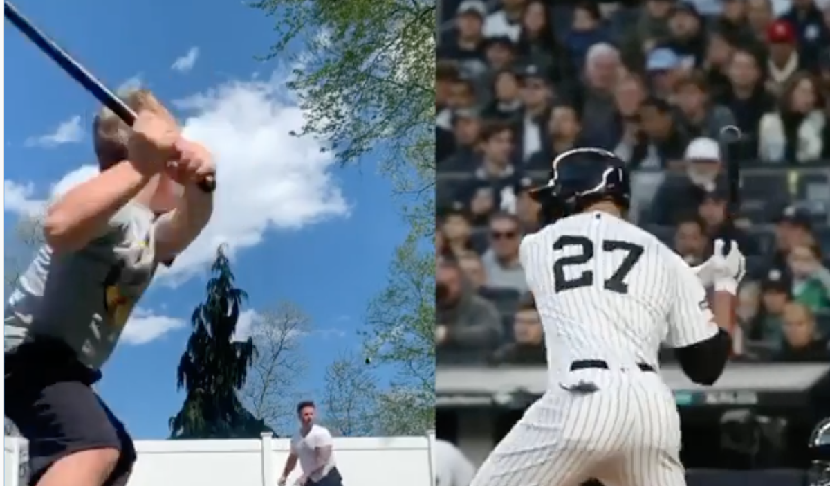 ▲Giancarlo Stanton與兒子揮棒動作幾乎一樣。（圖／取自MLB IG)