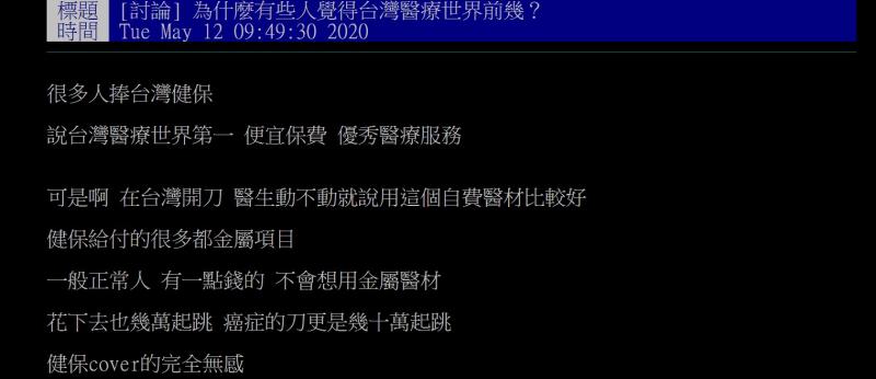 ▲網友認為台灣醫療根本稱不上世界先進,引發討論。(圖/翻攝自批踢踢)