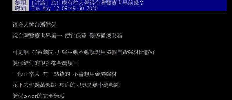 ▲網友認為台灣醫療根本稱不上世界先進，引發討論。（圖／翻攝自批踢踢）