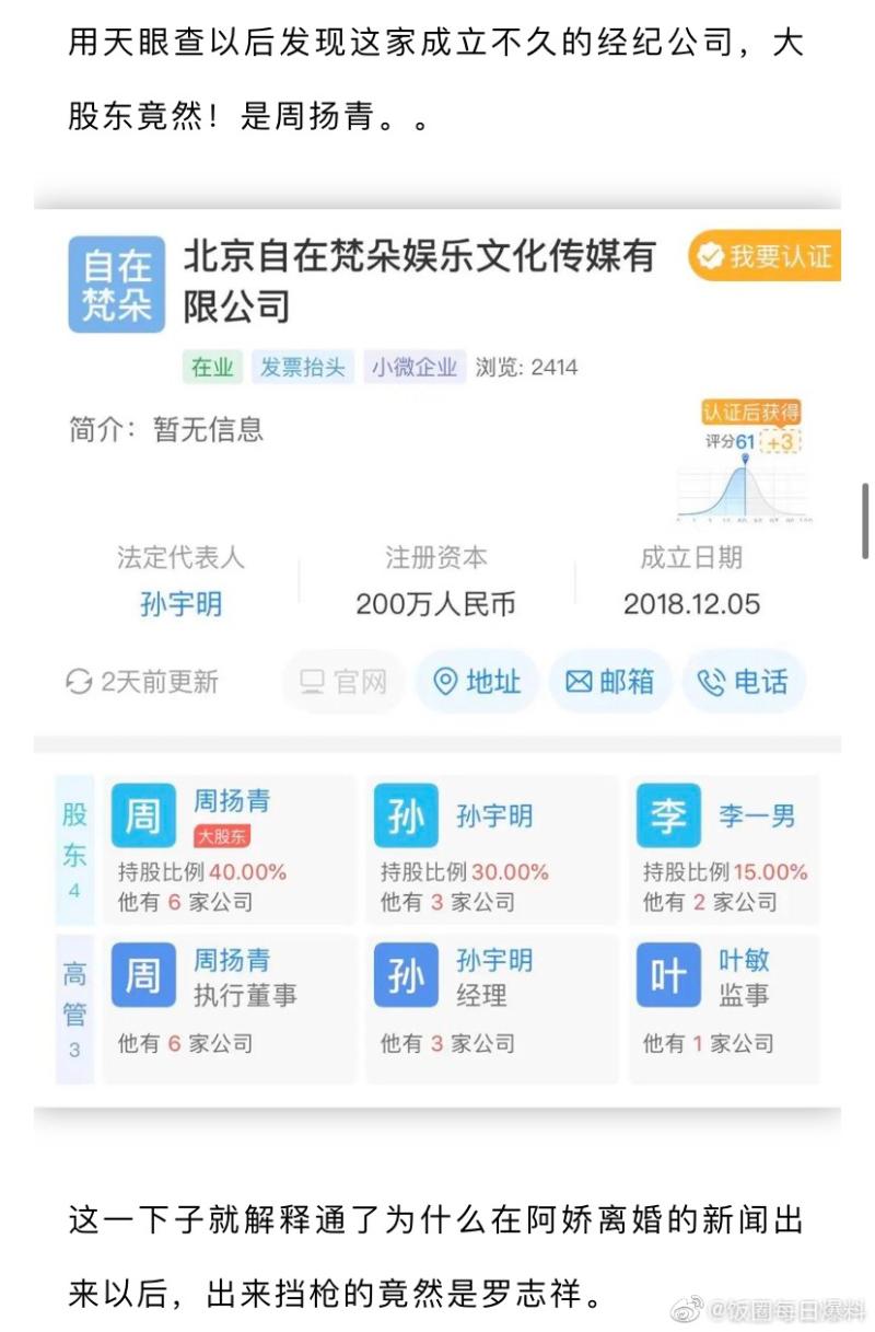 ▲賴弘國經紀公司背後最大股東是周揚青。(圖/飯圈每日爆料微博)