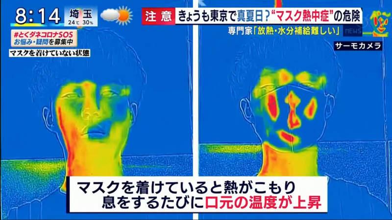 ▲日媒用熱像儀對比戴口罩後，濕氣、熱氣都蓄積在口罩裡面，導致人體不容易察覺缺乏水分。（圖／翻攝富士電視台）