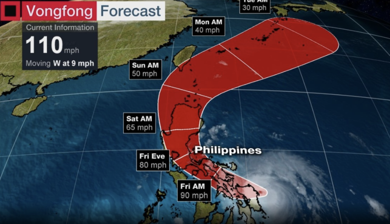 ▲中央氣象局表示，中颱黃蜂今明兩日即碰觸菲律賓陸地，結構將被明顯破壞，預計週六最接近台灣，外圍環流將為中南部帶來雨勢。(圖翻攝自 The Weather Channel）