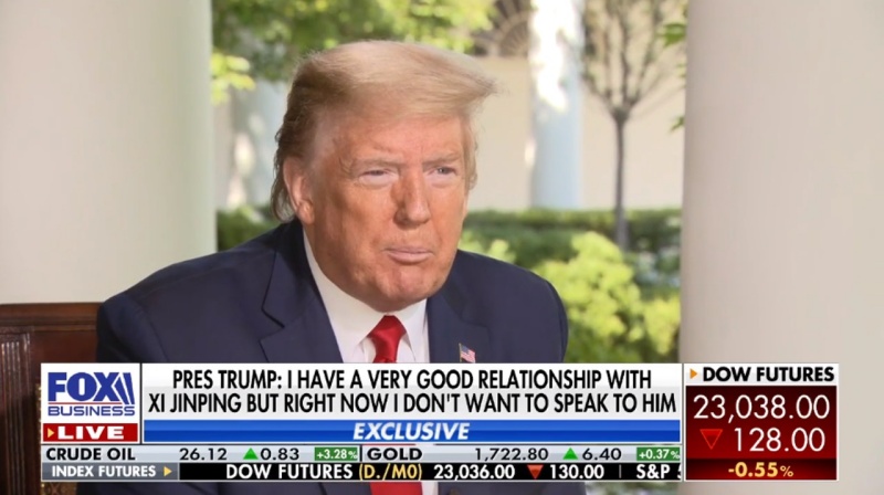 ▲川普在 14 日的專訪中表示，與習近平的關係很好，但現在不想跟他說話。（圖／擷取自福斯商業台 Youtube 影片）