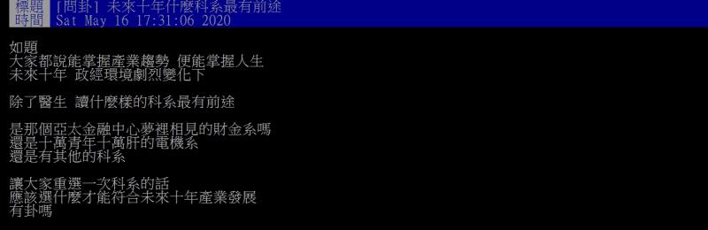 ▲網友提問，未來十年什麼科系最有前途？（圖／翻攝