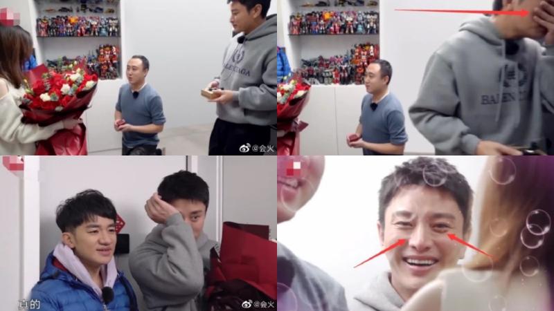 ▲賈乃亮(灰衣者)見證素人求婚,情緒激動淚灑錄影現場。(圖/會火微博)