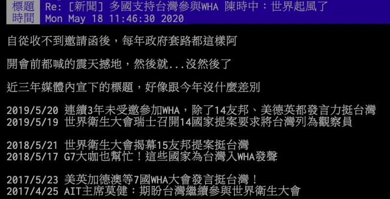 ▲台灣近幾年為前進WHA而做努力，也獲得多國聲援，但最後仍未成功。（圖／翻攝PTT）