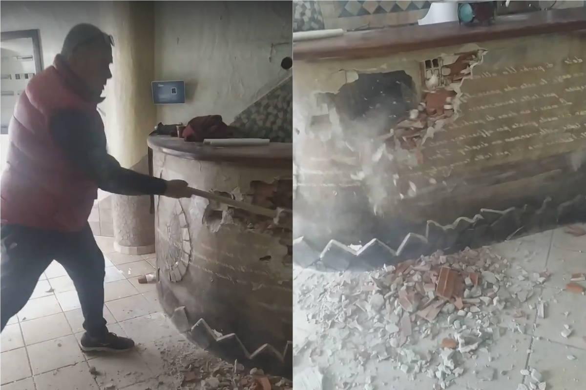 ▲義大利薩薩里一名披薩店老闆，因不堪新冠肺炎封城造成的虧損，砸毀自己的店。（合成圖／翻攝Ciondolo Fenu臉書）