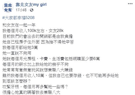 ▲網友在臉書「靠北女友」中悲吐心酸。(圖/翻攝自臉書「靠北女友」)