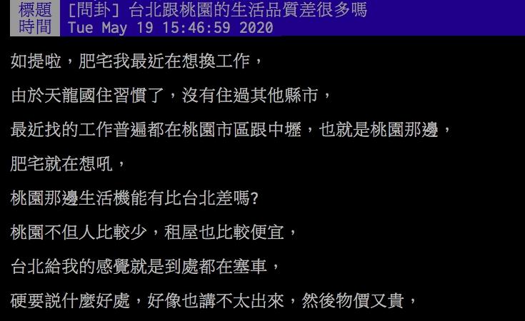 ▲網友討論台北及桃園的生活品質。(圖/翻攝PTT)