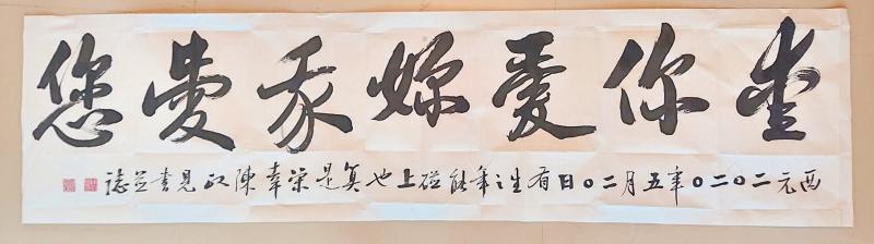 ▲擅長書法的嘉義大學陳政見教授:「西元二0二0年五月二0日有生之年能碰上也算是榮幸」的揮毫書寫出「愛你愛妳我愛您」創作。(圖/翻攝自陳政見教授臉書)