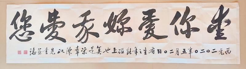 ▲擅長書法的嘉義大學陳政見教授：「西元二０二０年五月二０日有生之年能碰上也算是榮幸」的揮毫書寫出「愛你愛妳我愛您」創作。（圖／翻攝自陳政見教授臉書）