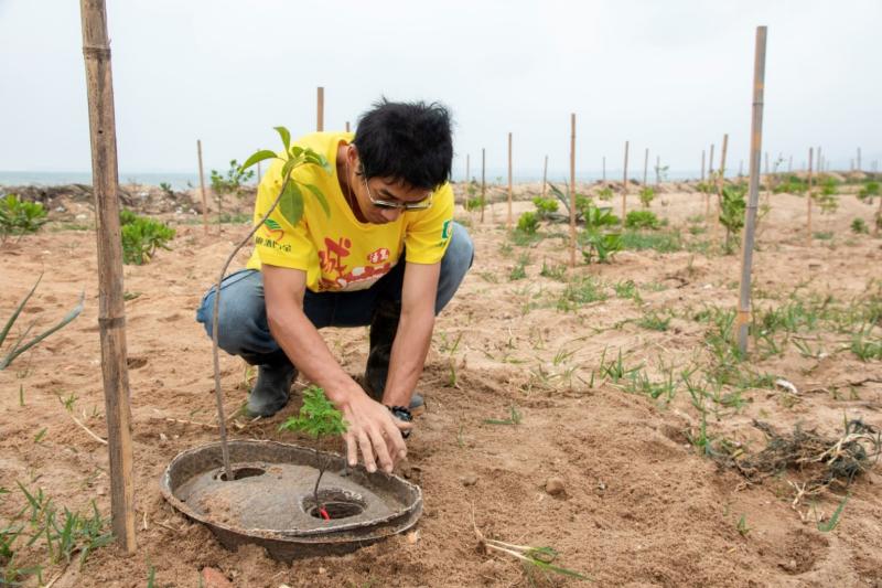 ▲水寶盆以回收紙漿製成蓄水的盆體，具有保濕、防風、隔熱的效果。(圖/金門林務所提供)