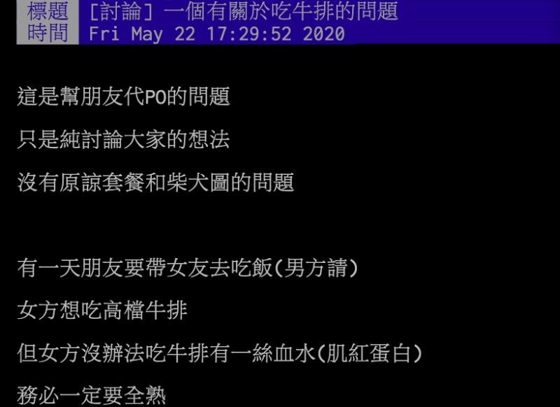 ▲一對情侶因為去吃高檔牛排熟度要多少而爭吵。(圖/翻攝PTT)