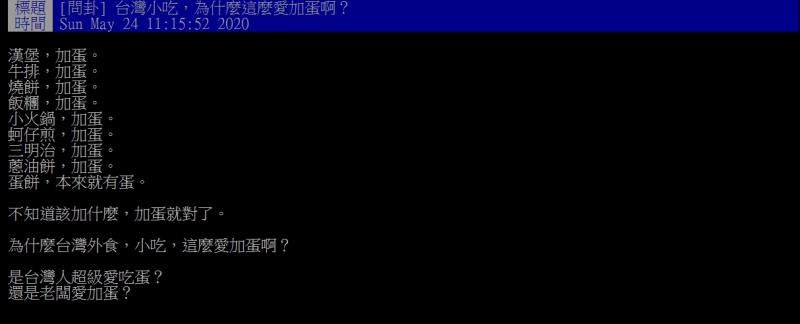 ▲網友提問，為何台灣一堆外食、小吃都愛加蛋呢？（圖／翻攝
